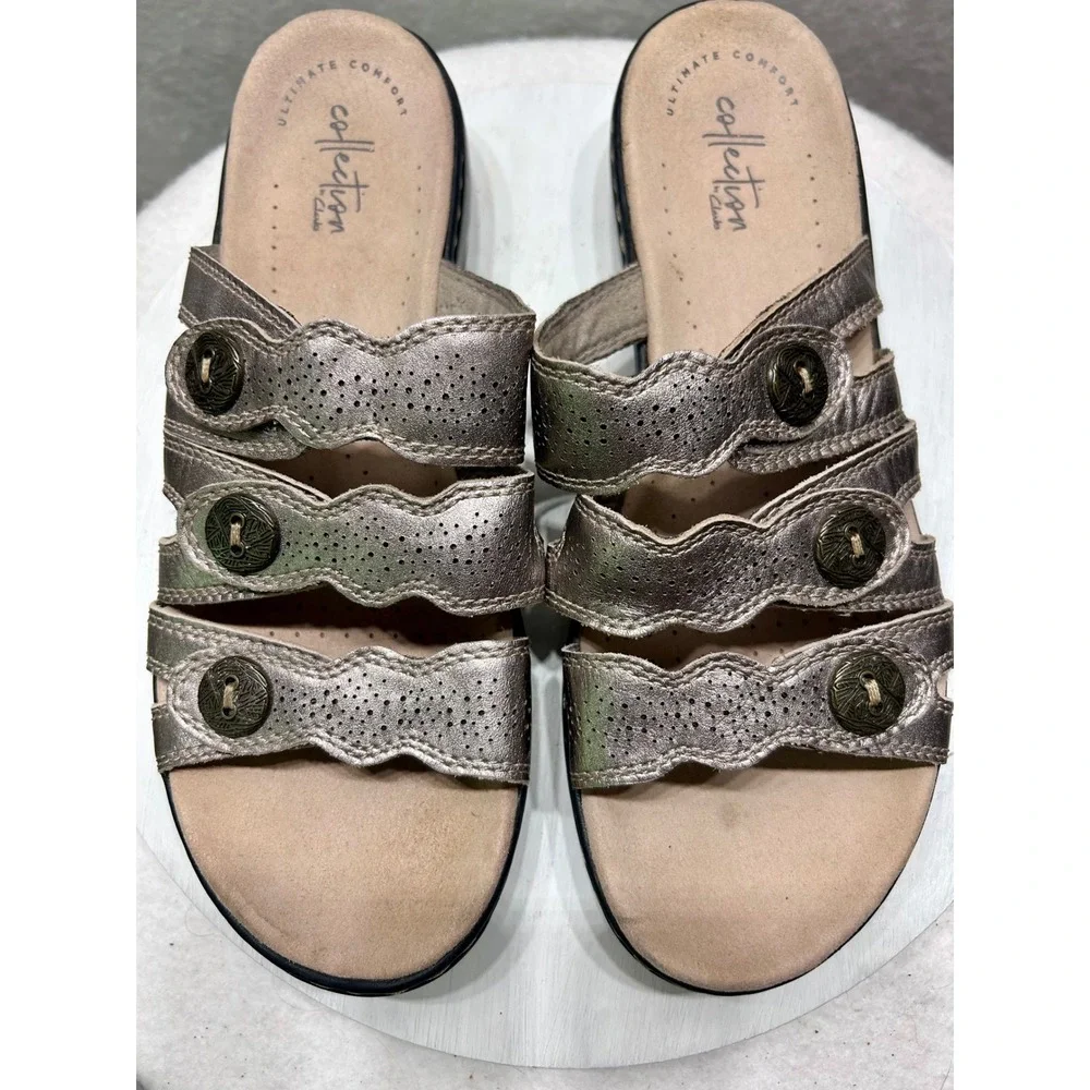 Clarks Collection Metallic Pewter Slide Sandal Women 9M Ultimate Comfort Scallop